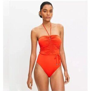 NEW Ann Taylor LOFT Red Ruched Halter One Piece Swimsuit Womens Size L Beachwear